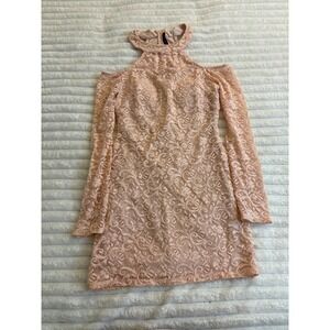 UK2LA Peach Pink Floral Lace Cold Shoulder Halter Neck Mini Dress Long Sleeve